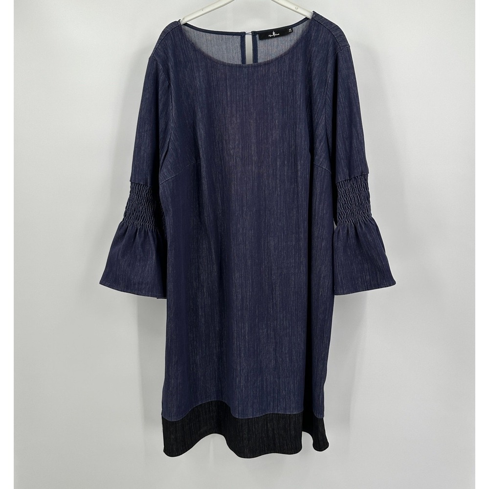 Womens Minimalist Denim Midi Dress Size 2X‎ Flare Sleeve Career Office Casual